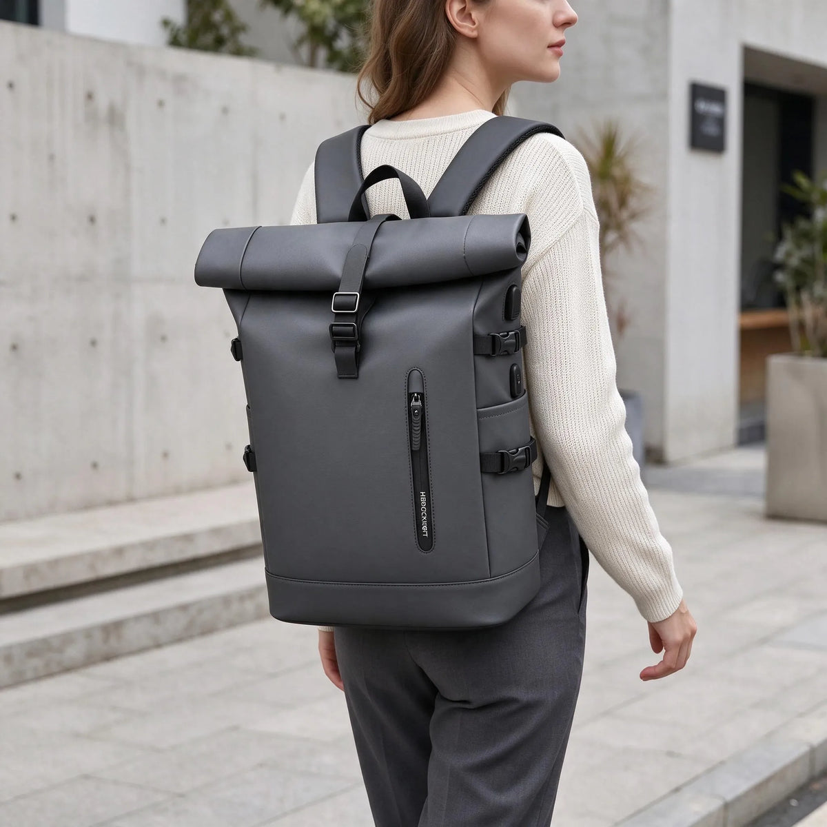 Rolltop-Rucksack Für Damen Mit Erweiterbarem Fach