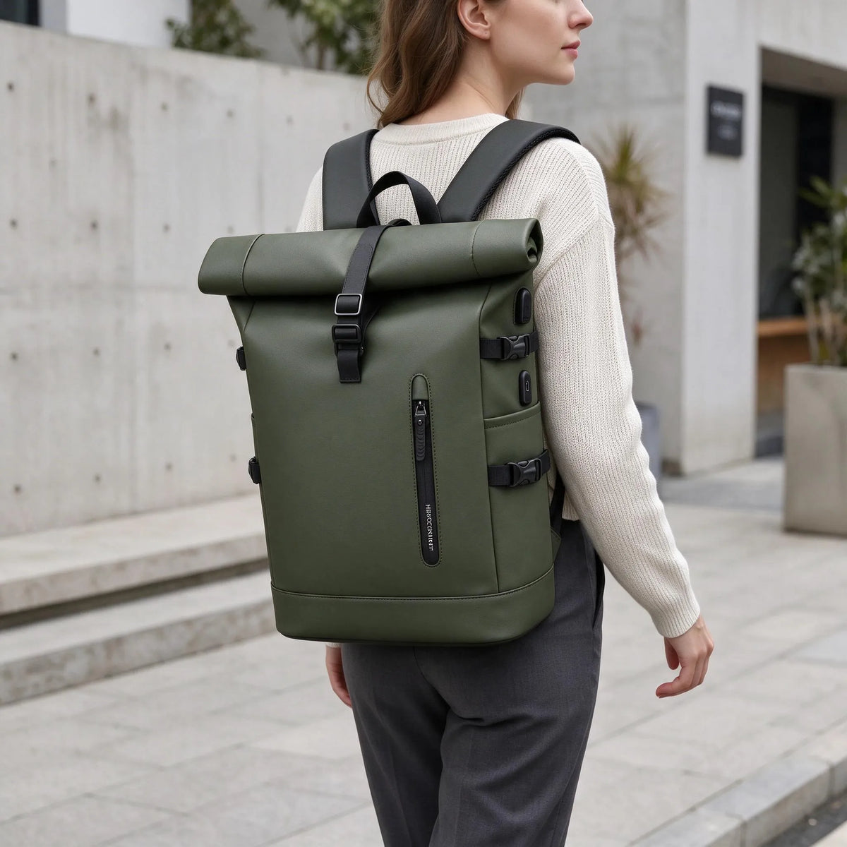 Rolltop-Rucksack Für Damen Mit Erweiterbarem Fach