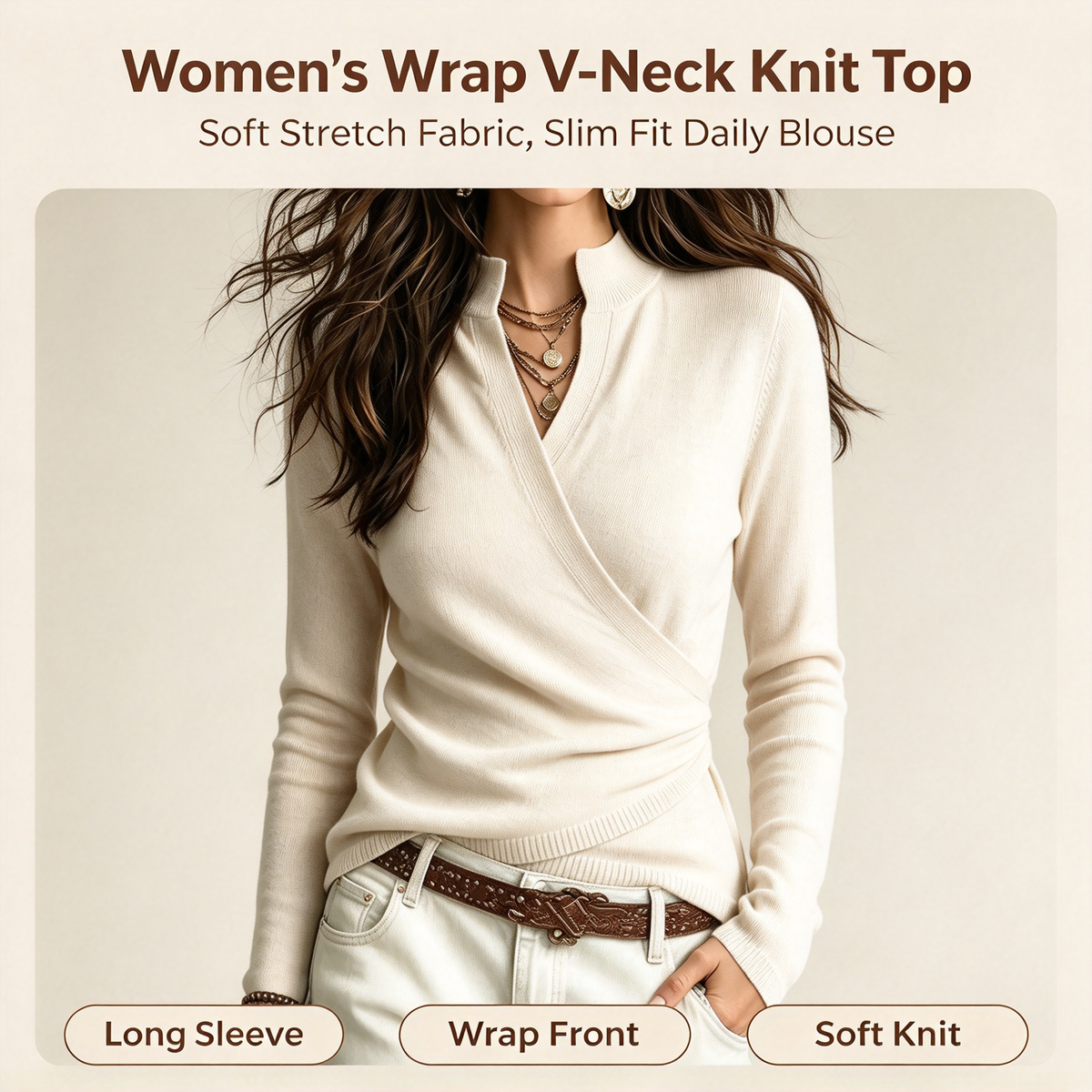 Herbstpullover mit falschem Kragen und Wickeloptik für Damen