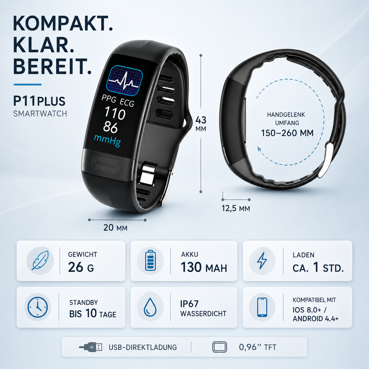 Smartwatch mit EKG, Blutdruck- & Schlaftracking – P11Plus HealthBand