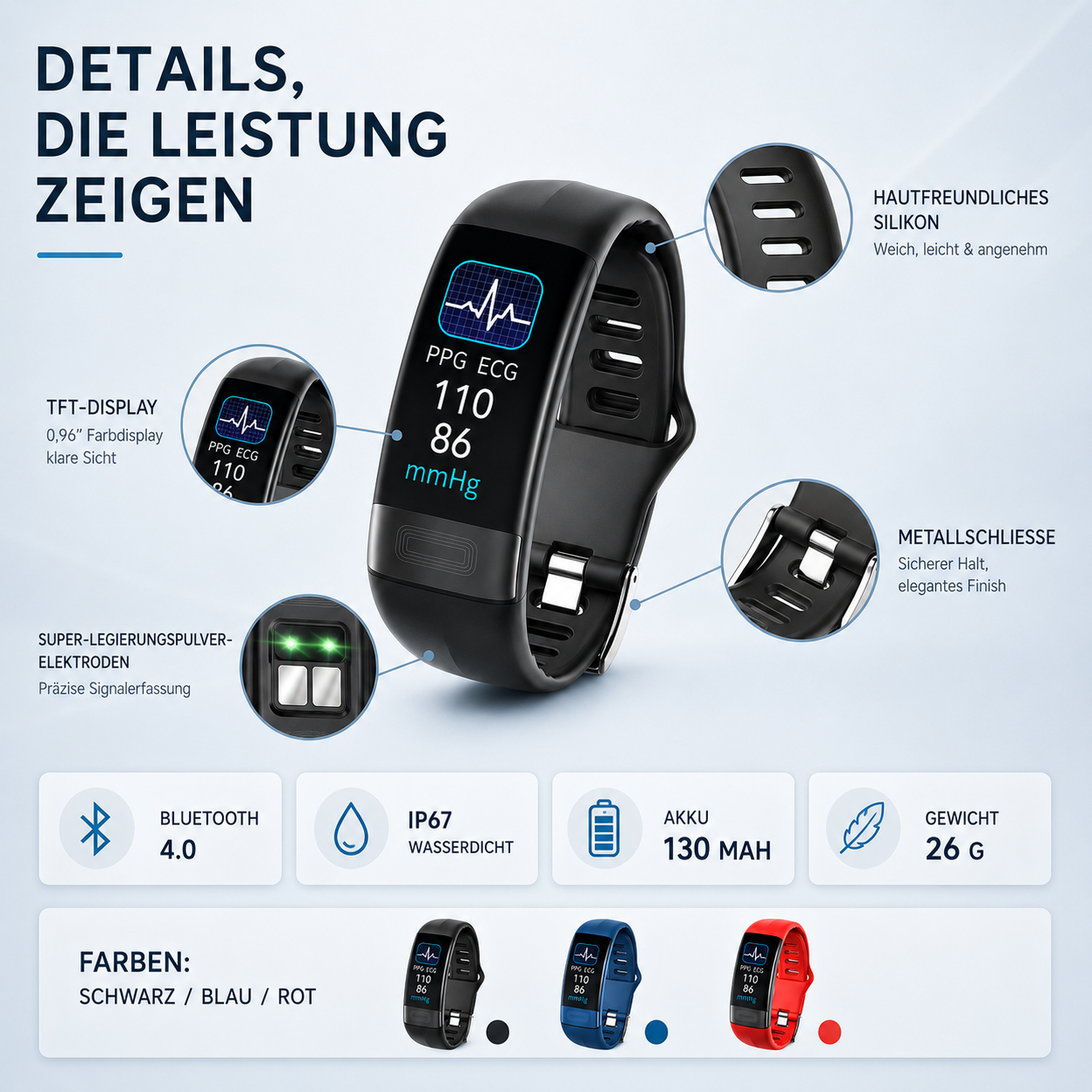 Smartwatch mit EKG, Blutdruck- & Schlaftracking – P11Plus HealthBand