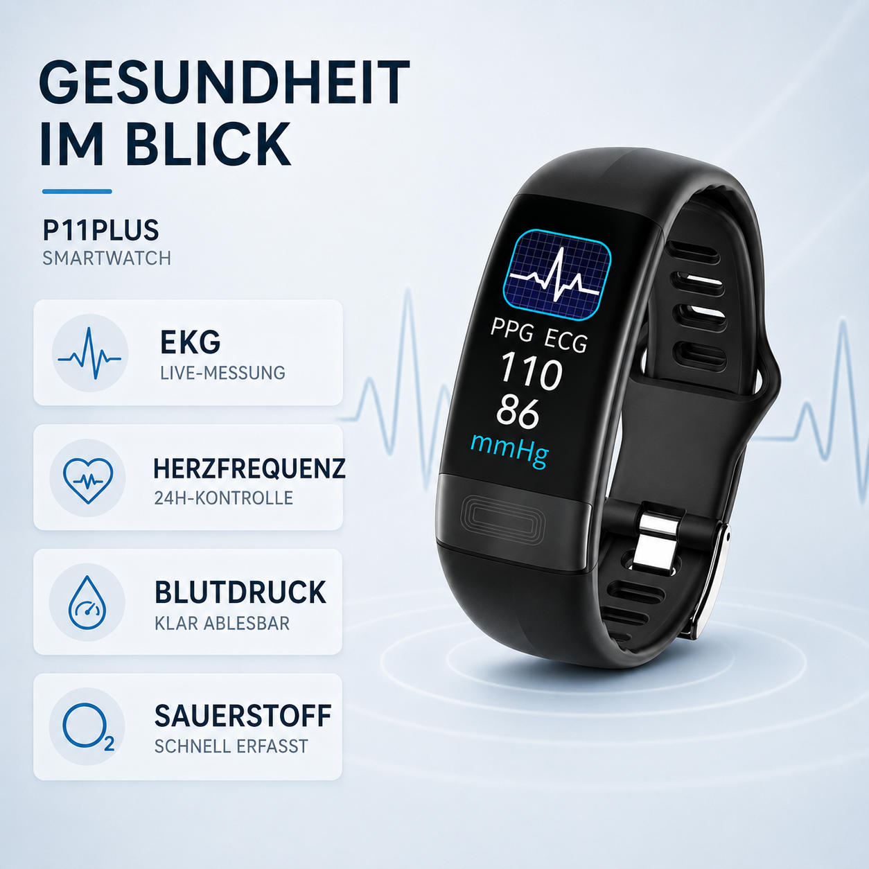 Smartwatch mit EKG, Blutdruck- & Schlaftracking – P11Plus HealthBand