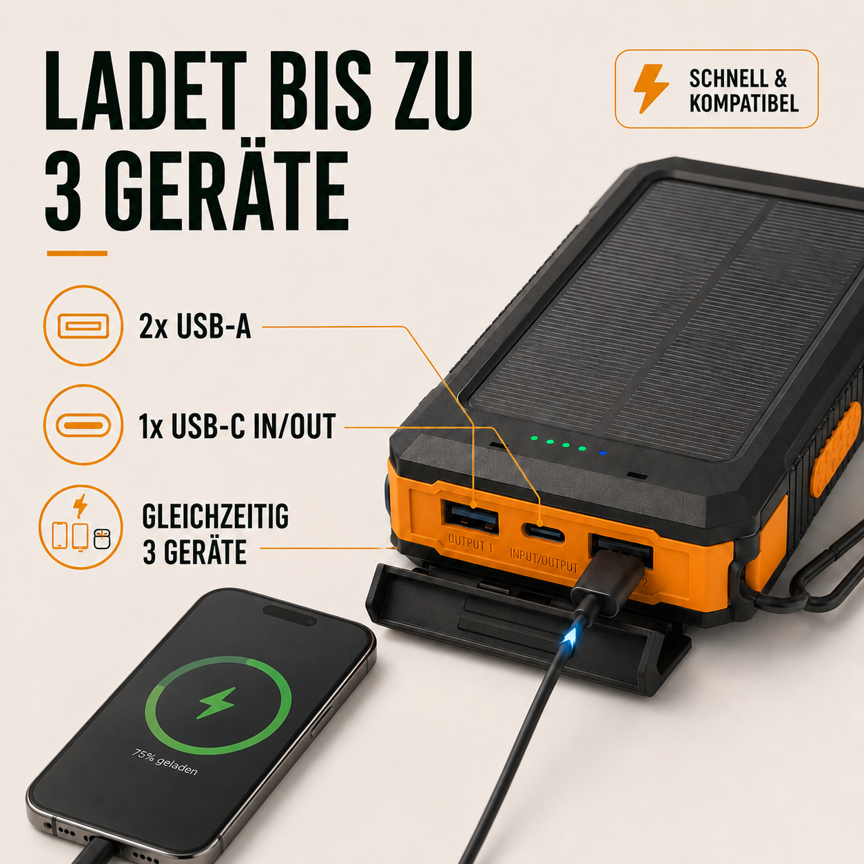 Solar-Powerbank 20000 mAh mit Dual-Ausgang – SolarCore 20K