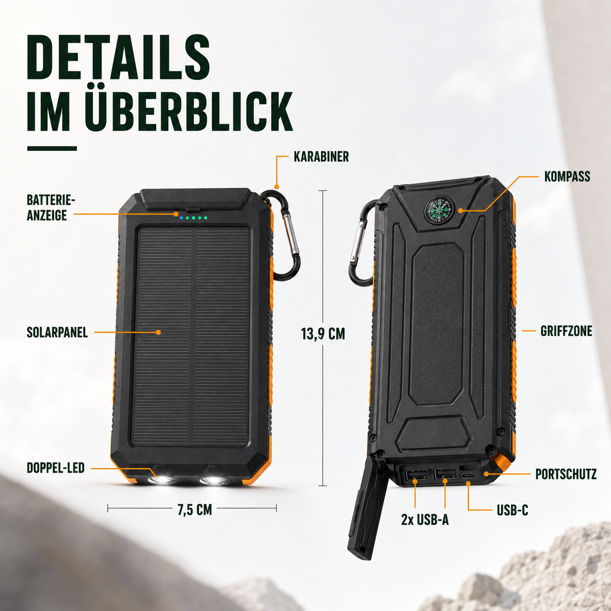 Solar-Powerbank 20000 mAh mit Dual-Ausgang – SolarCore 20K