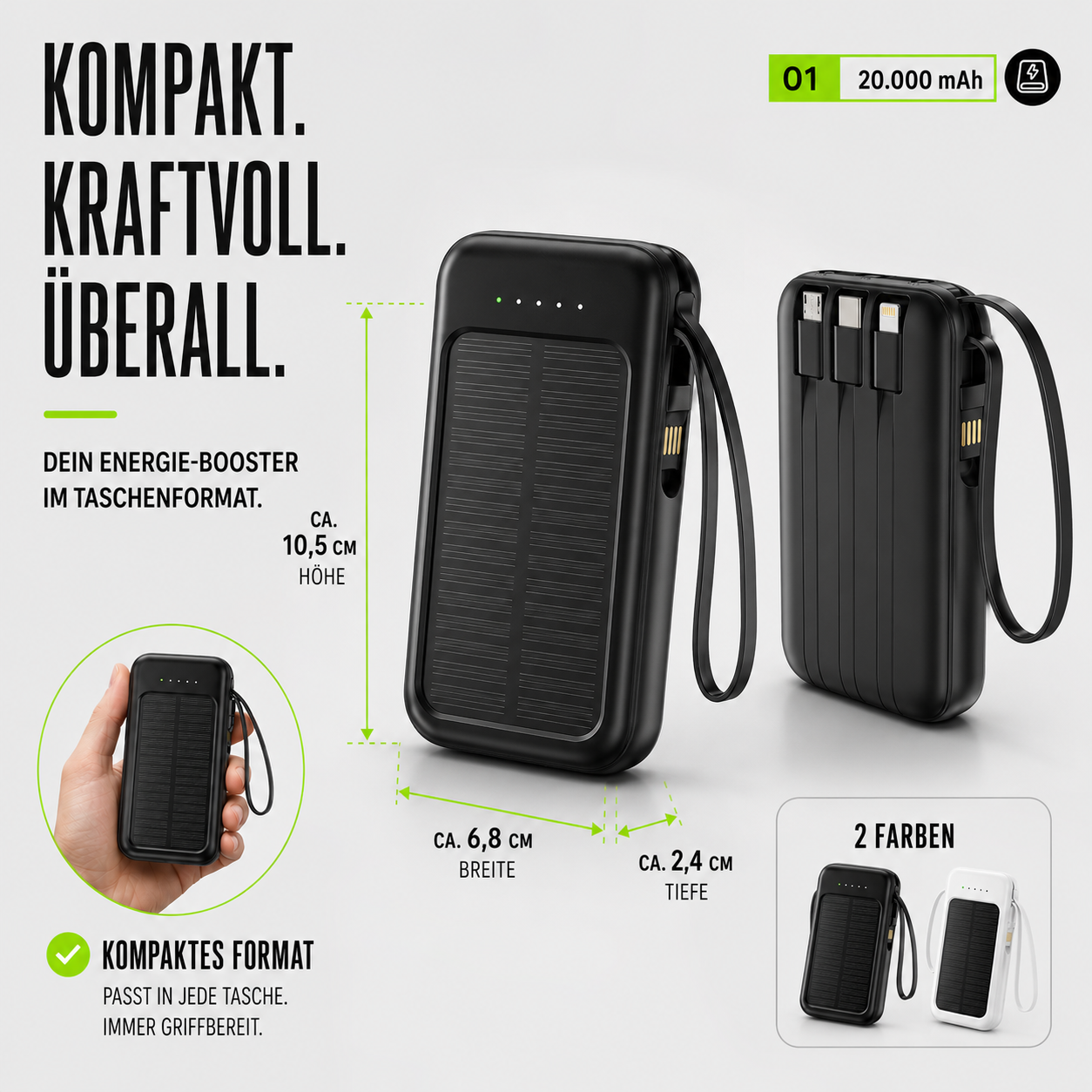 Solar Powerbank 20000mAh mit LED & Kabeln – SunCharge Ultra