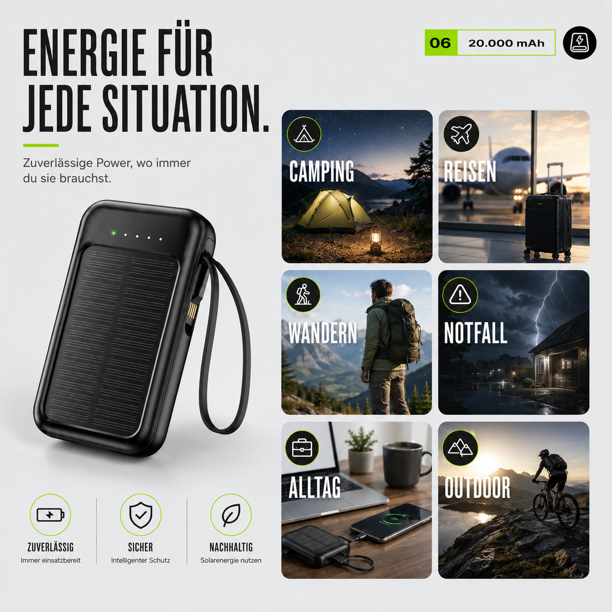 Solar Powerbank 20000mAh mit LED & Kabeln – SunCharge Ultra