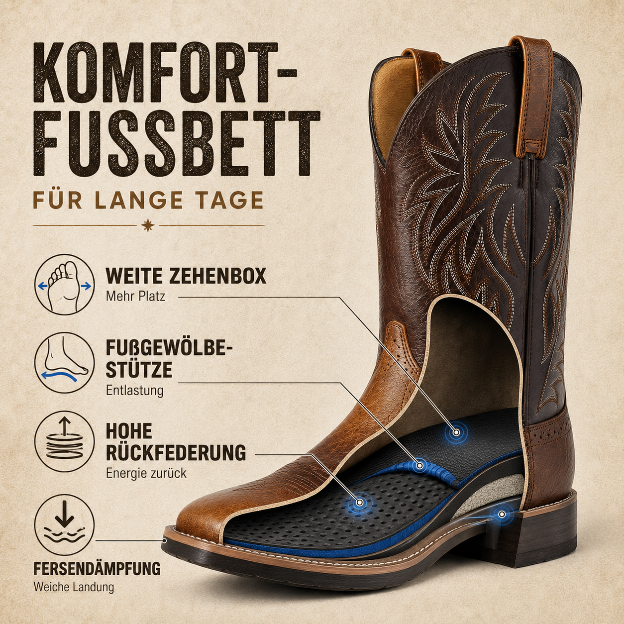 Stiefel mit eckiger Zehenform & klassischer Stickerei – WestRider Boots