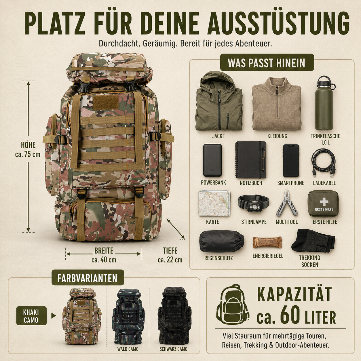 Taktischer Rucksack 80L Wasserabweisend – BergTrail Pro