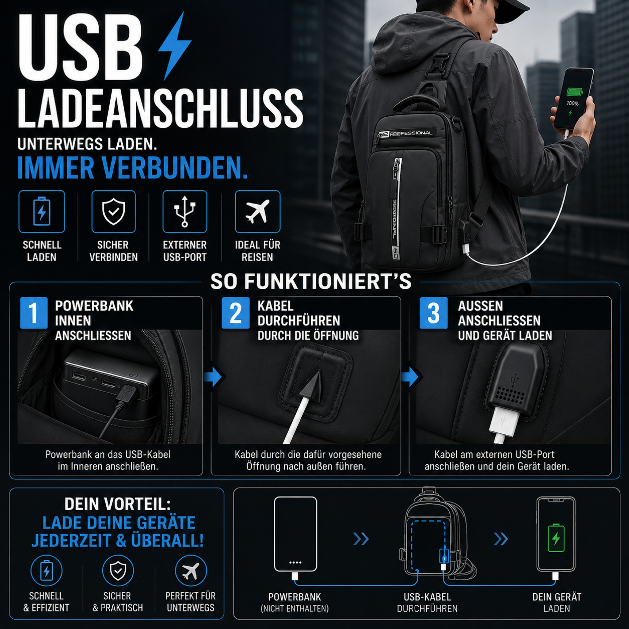 Taschen Schulterrucksack Wasserabweisend mit Anti-Diebstahl & USB – UrbanSecure Bag