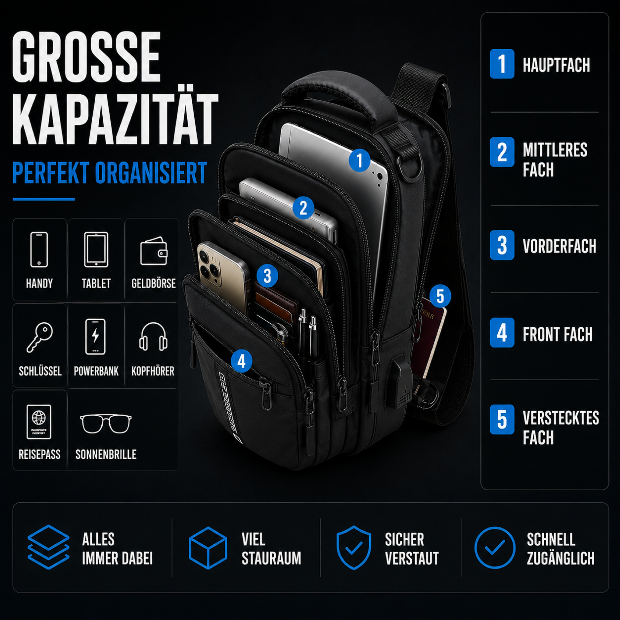 Taschen Schulterrucksack Wasserabweisend mit Anti-Diebstahl & USB – UrbanSecure Bag