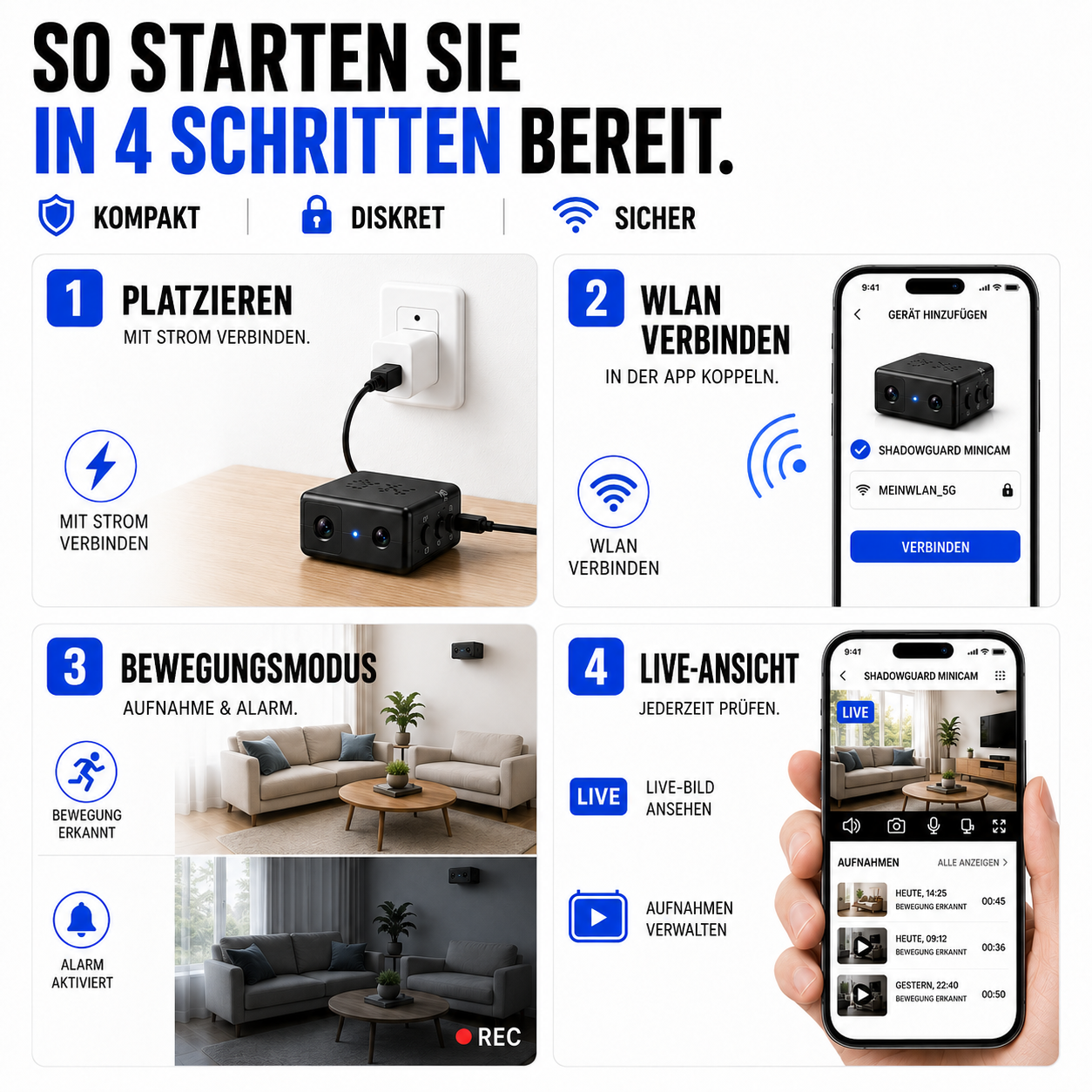 Überwachungskamera mit WLAN, Nachtsicht & Bewegungserkennung – ShadowGuard MiniCam