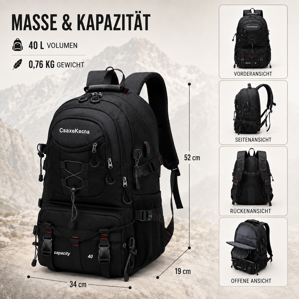 Wanderrucksack 40L mit USB-Anschluss – BergTrail Pro