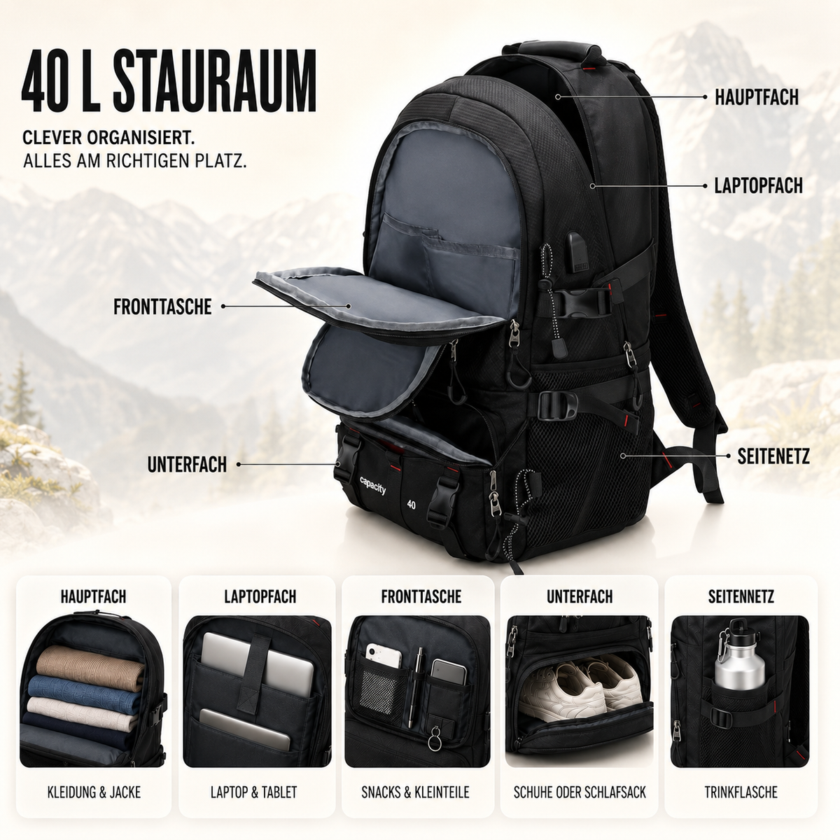 Wanderrucksack 40L mit USB-Anschluss – BergTrail Pro