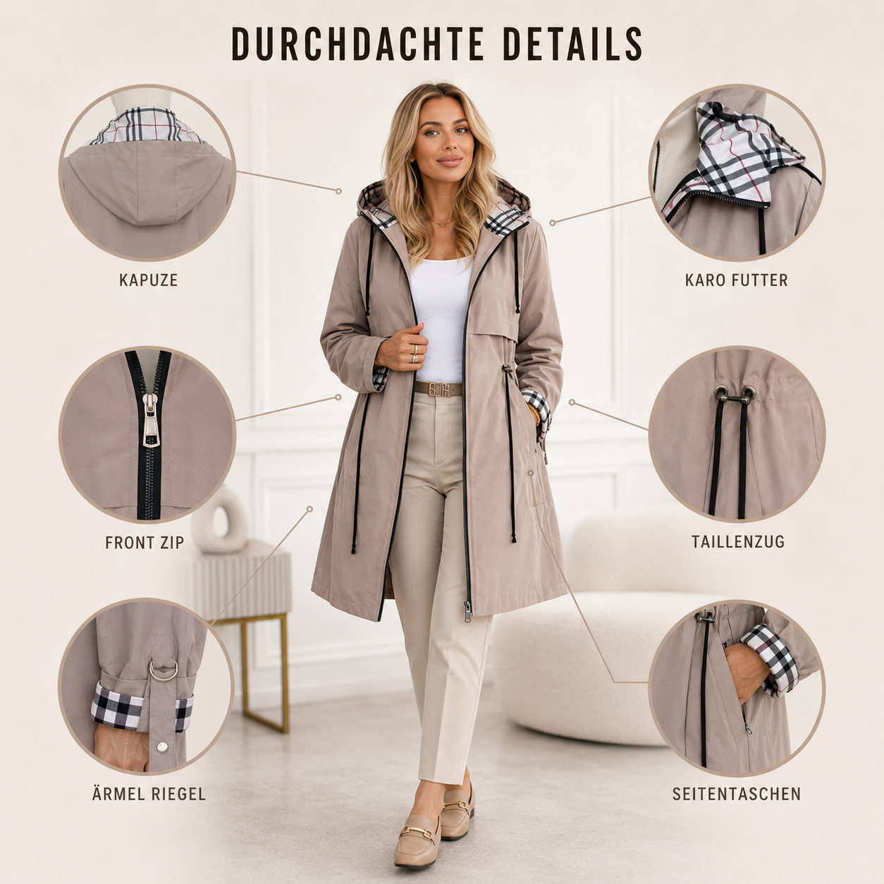 Wasser- und winddichter Damenmantel mit Kapuze – Nordlyn Zip Coat