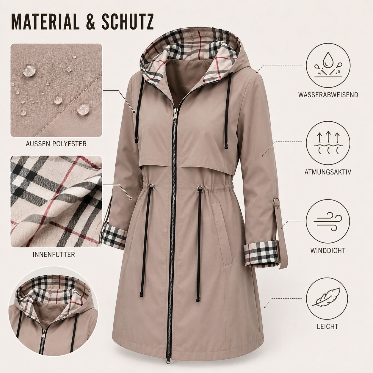Wasser- und winddichter Damenmantel mit Kapuze – Nordlyn Zip Coat