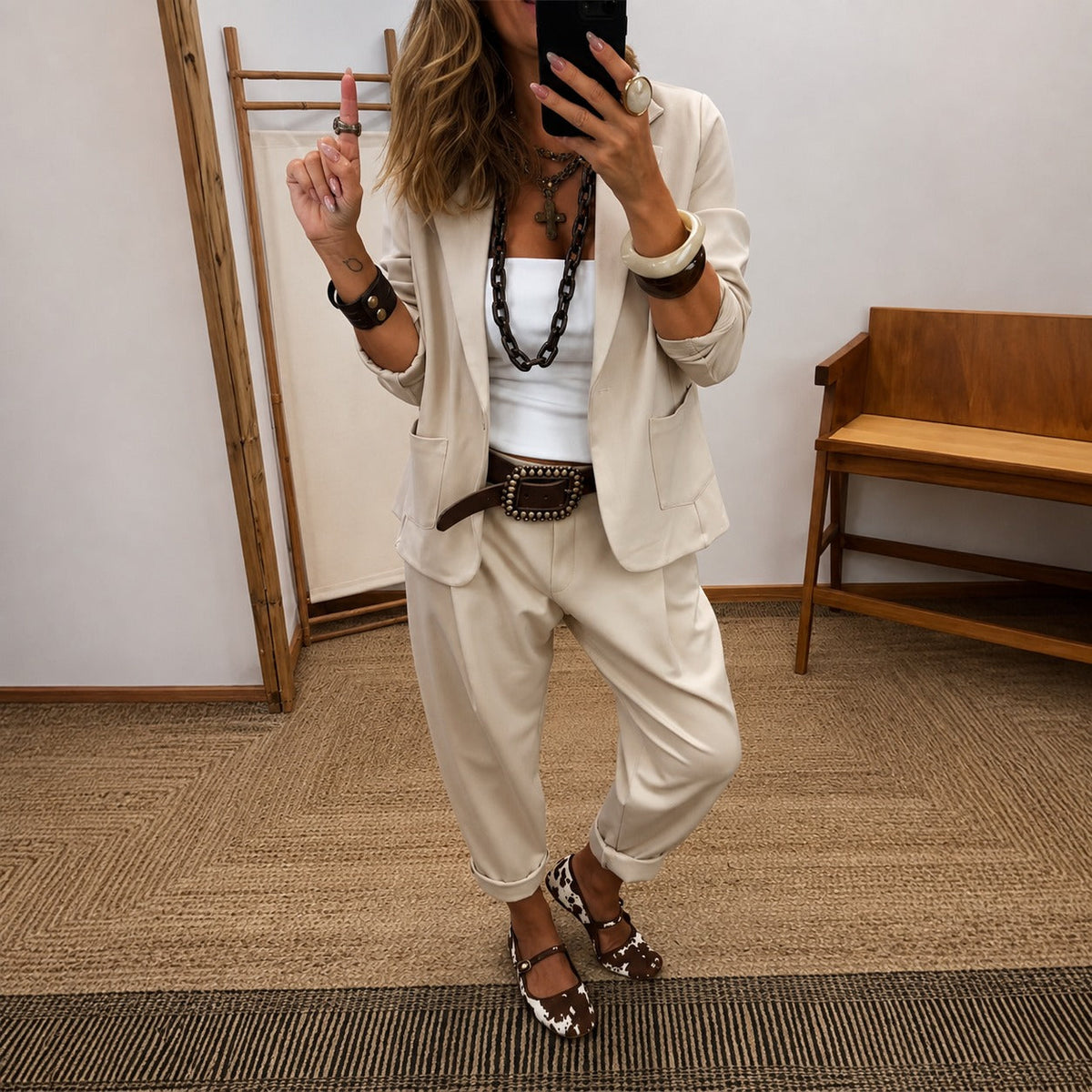 Set mit strukturiertem Blazer und weiter Hose