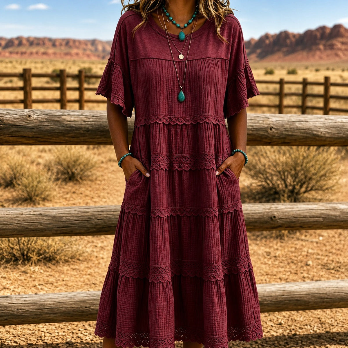 Kleid mit geschichteter Modellierung, Spitze und Seitentaschen