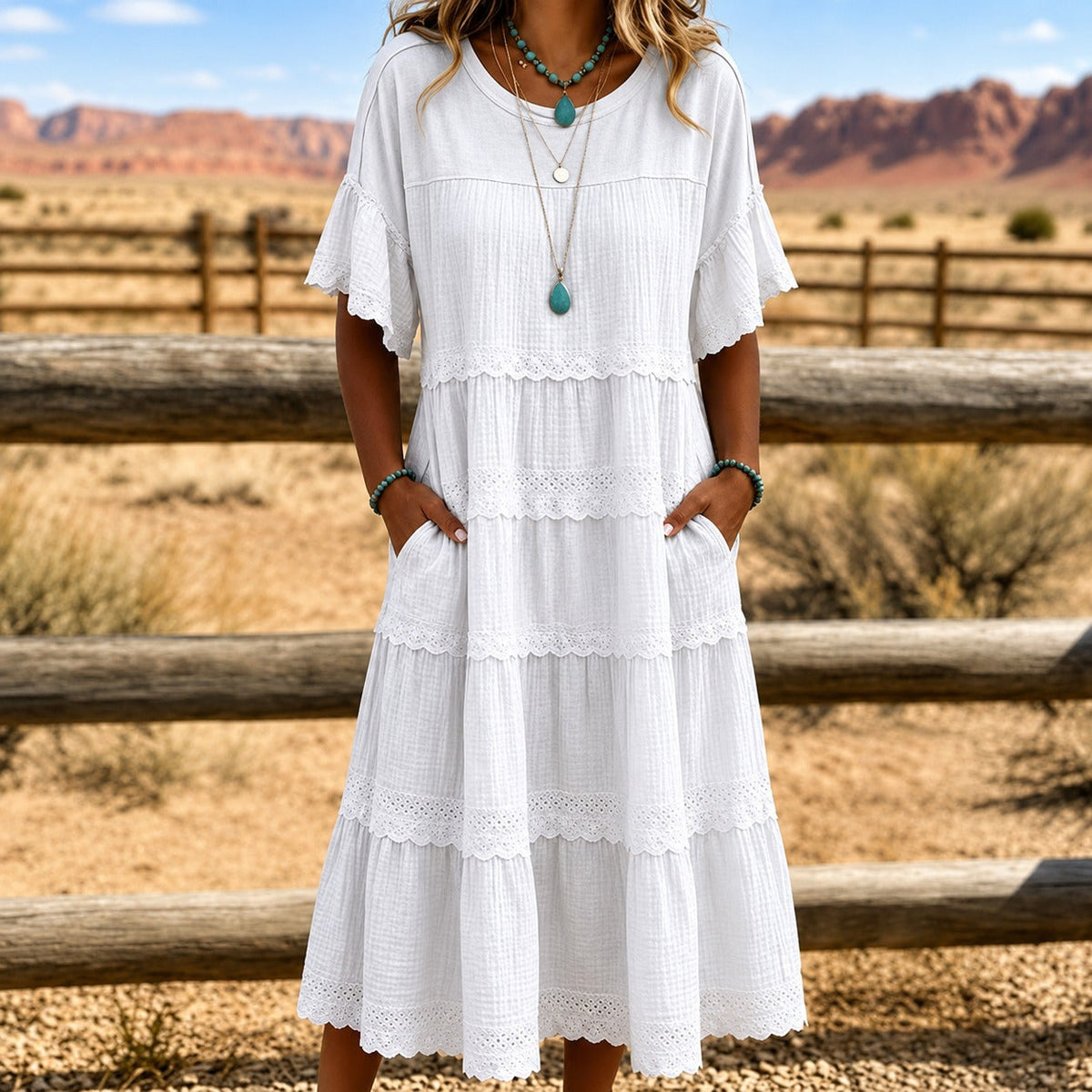 Kleid mit geschichteter Modellierung, Spitze und Seitentaschen