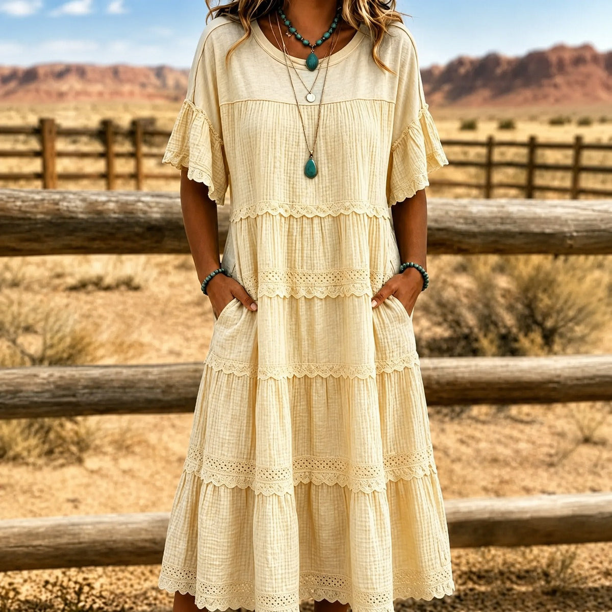 Kleid mit geschichteter Modellierung, Spitze und Seitentaschen