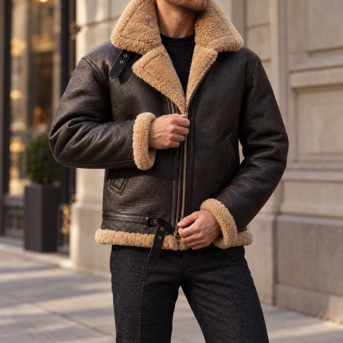 Wintaro | Herren Aviator-Lederjacke mit Lammfell-Futter und Frontreißverschluss gegen kalten Wind