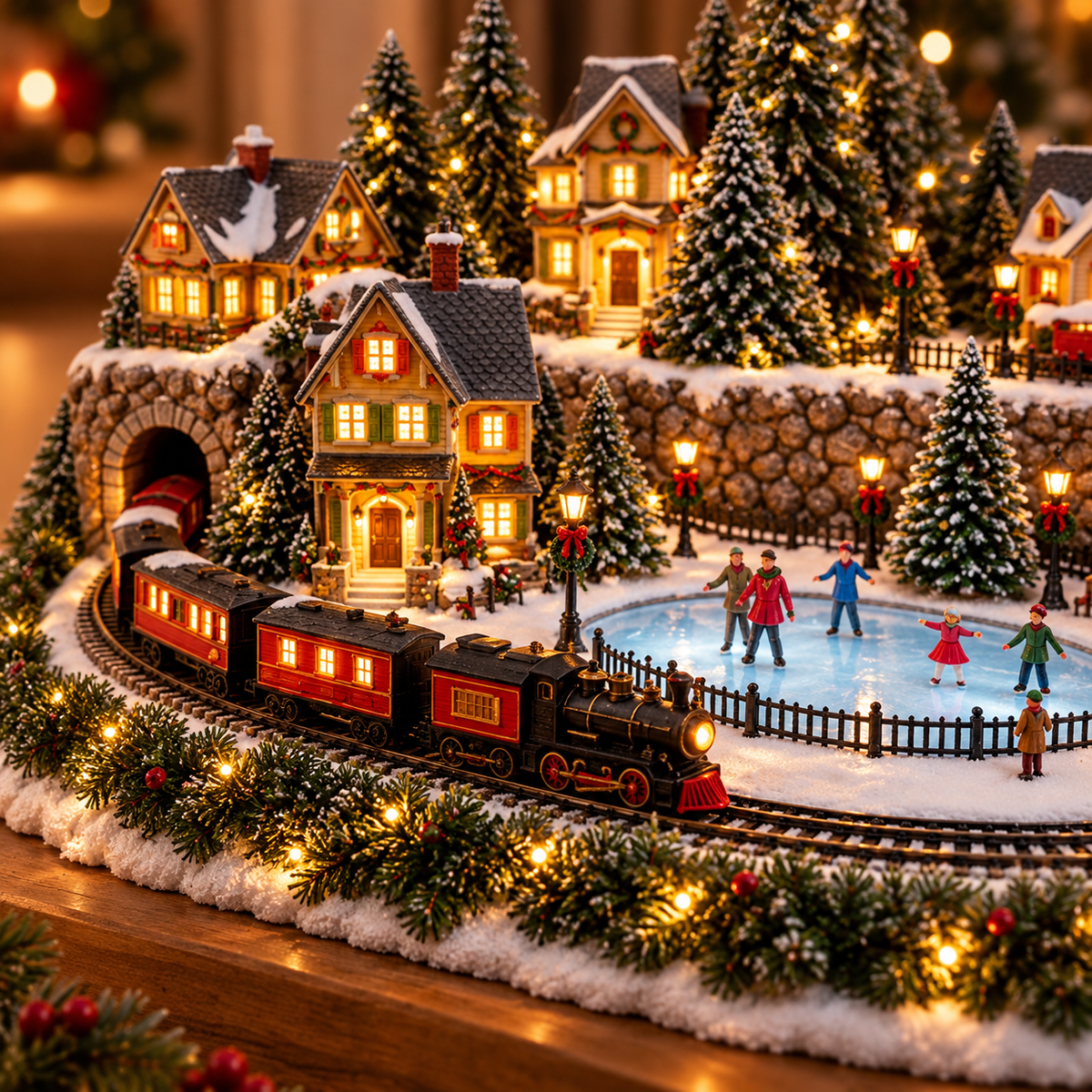 Winterlora | Weihnachtsdorf mit Zug, Eisbahn, Licht & Musik fürs Wohnzimmer