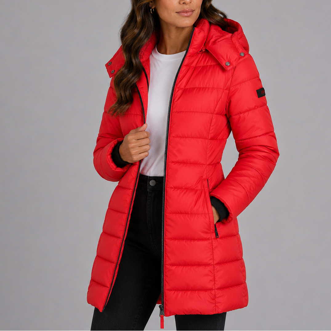 Damen Longline Kapuzen-Puffermantel mit gestepptem Finish und durchgehendem Reißverschluss