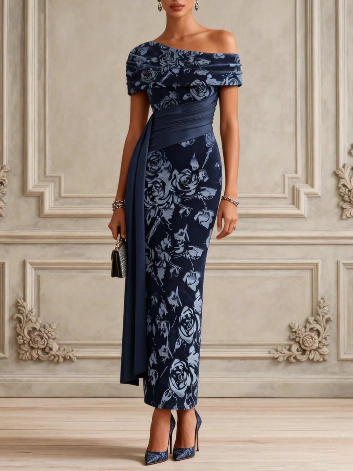 Blaues florales gerafftes Samt One-Shoulder Kurzarm Bodycon Maxikleid mit Schlitz