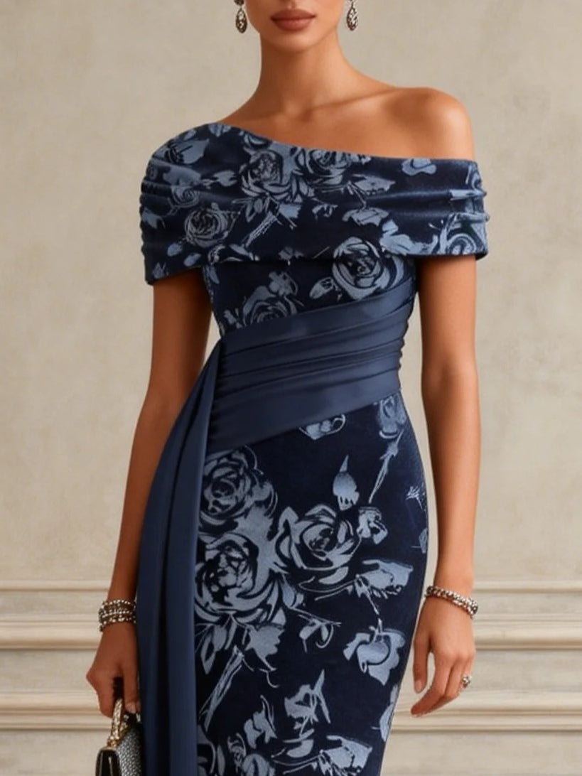 Blaues florales gerafftes Samt One-Shoulder Kurzarm Bodycon Maxikleid mit Schlitz