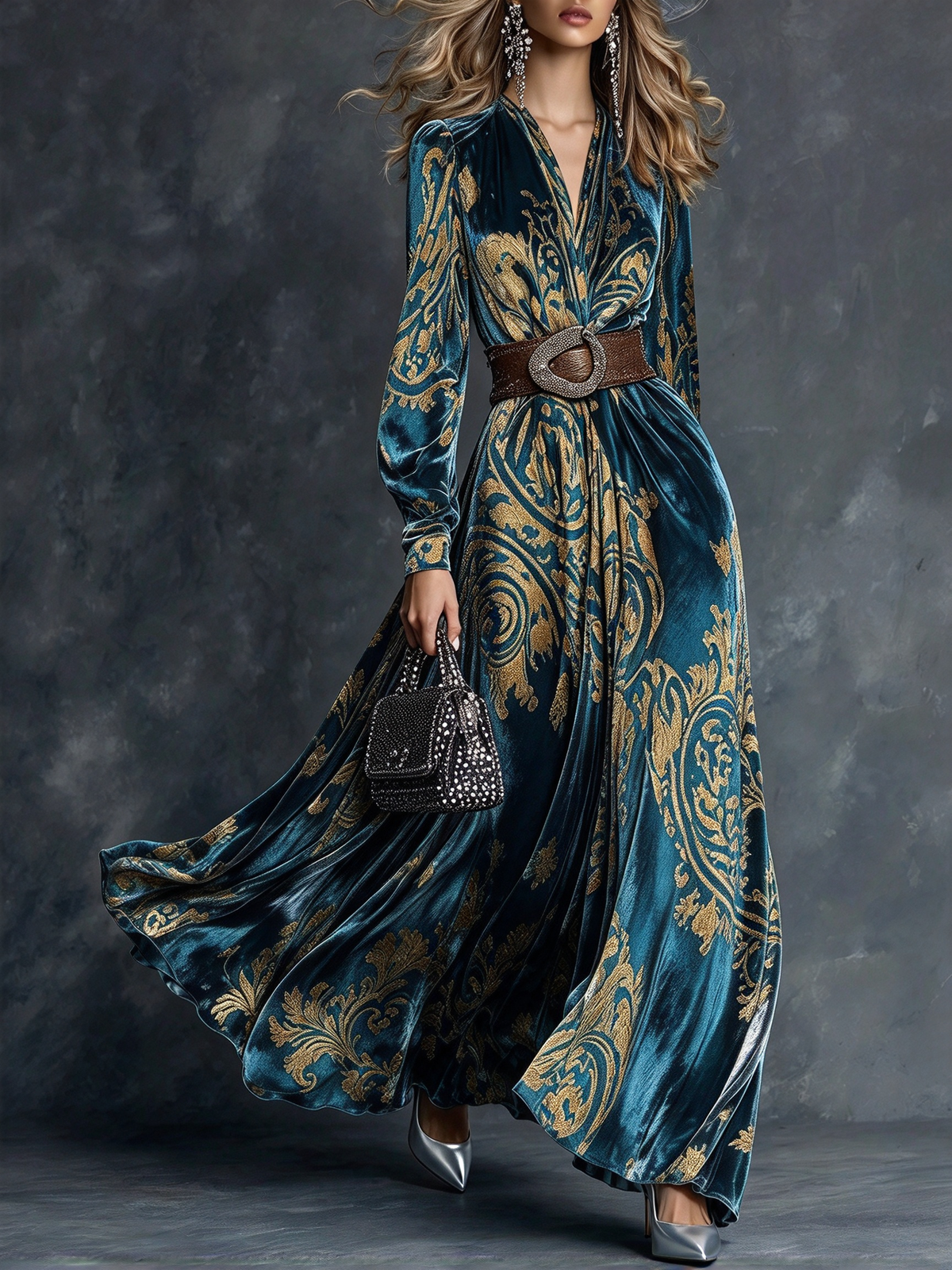 Petrolblau & Gold Barock-Print Maxikleid
