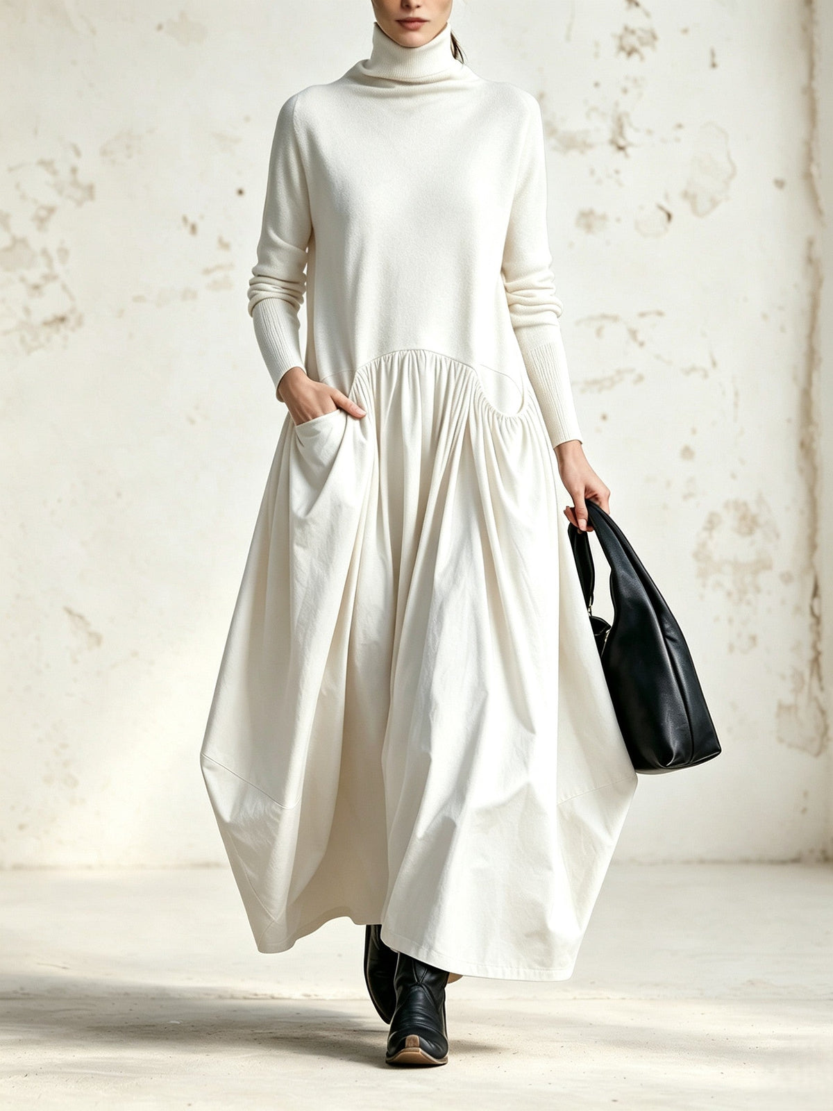 Hochgeschlossenes Oversized Maxikleid mit Taschendetails