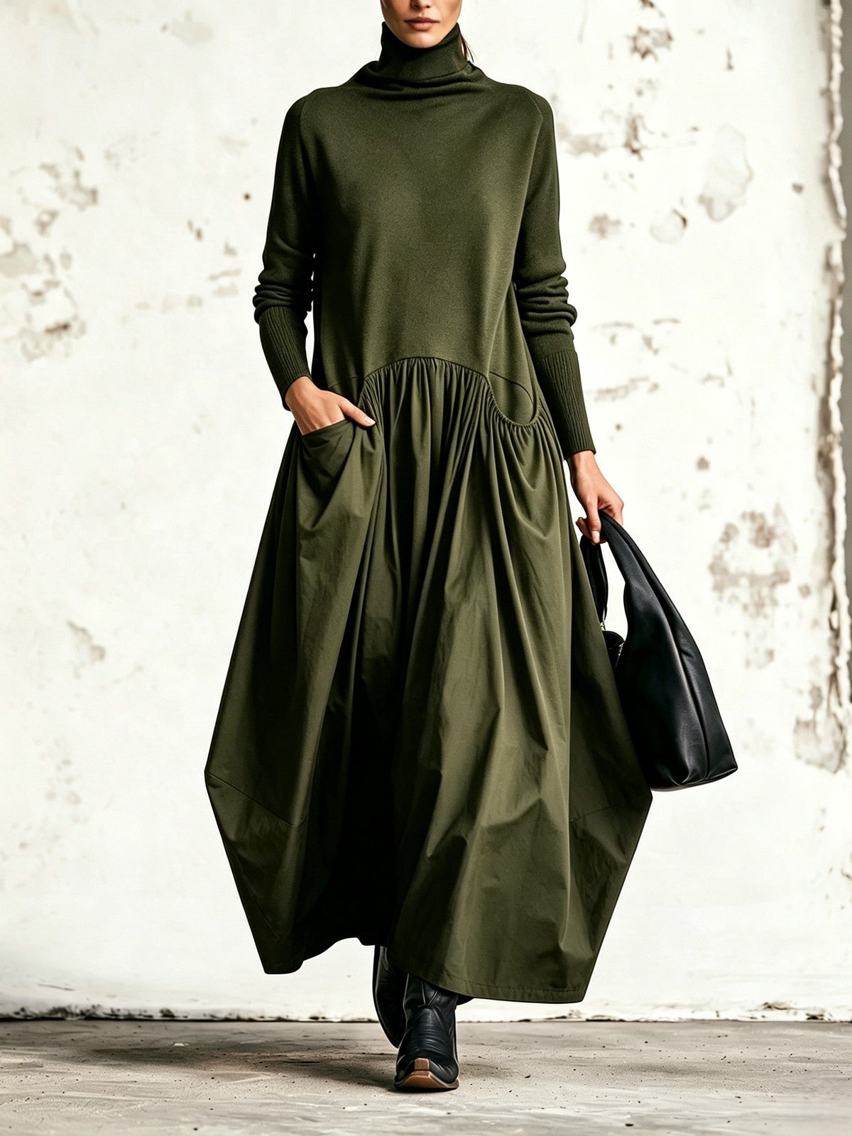 Hochgeschlossenes Maxikleid mit Taschen