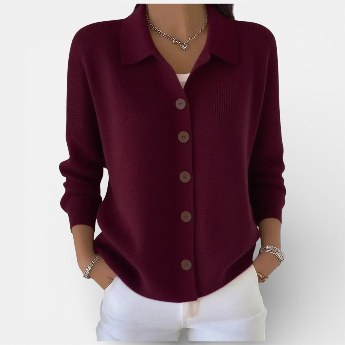 Strickbluse mit Polokragen und Knopfleiste