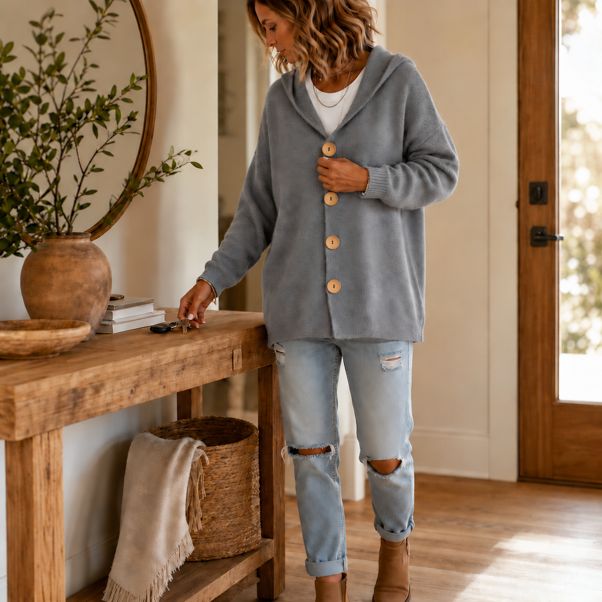 Kapuzen-Waffelstrick-Strickjacke mit Knopfleiste