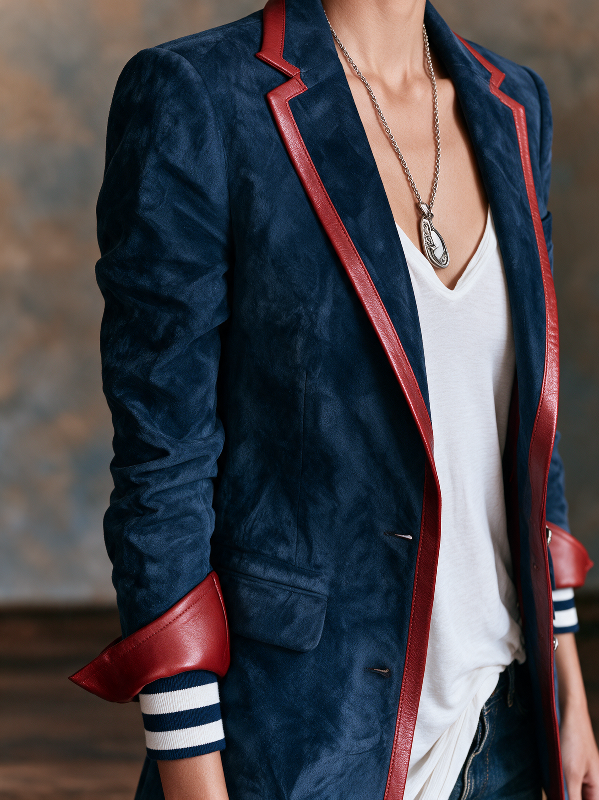 Damen Vintage-Stil Kunstwildleder Blazer mit rotem Lederbesatz
