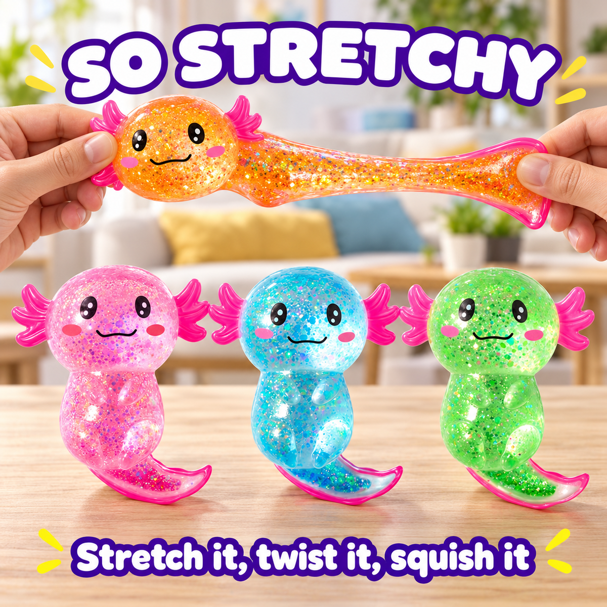 Axolotl Squishy 4er-Pack, langsam aufgehende Glitzer-Stressspielzeuge