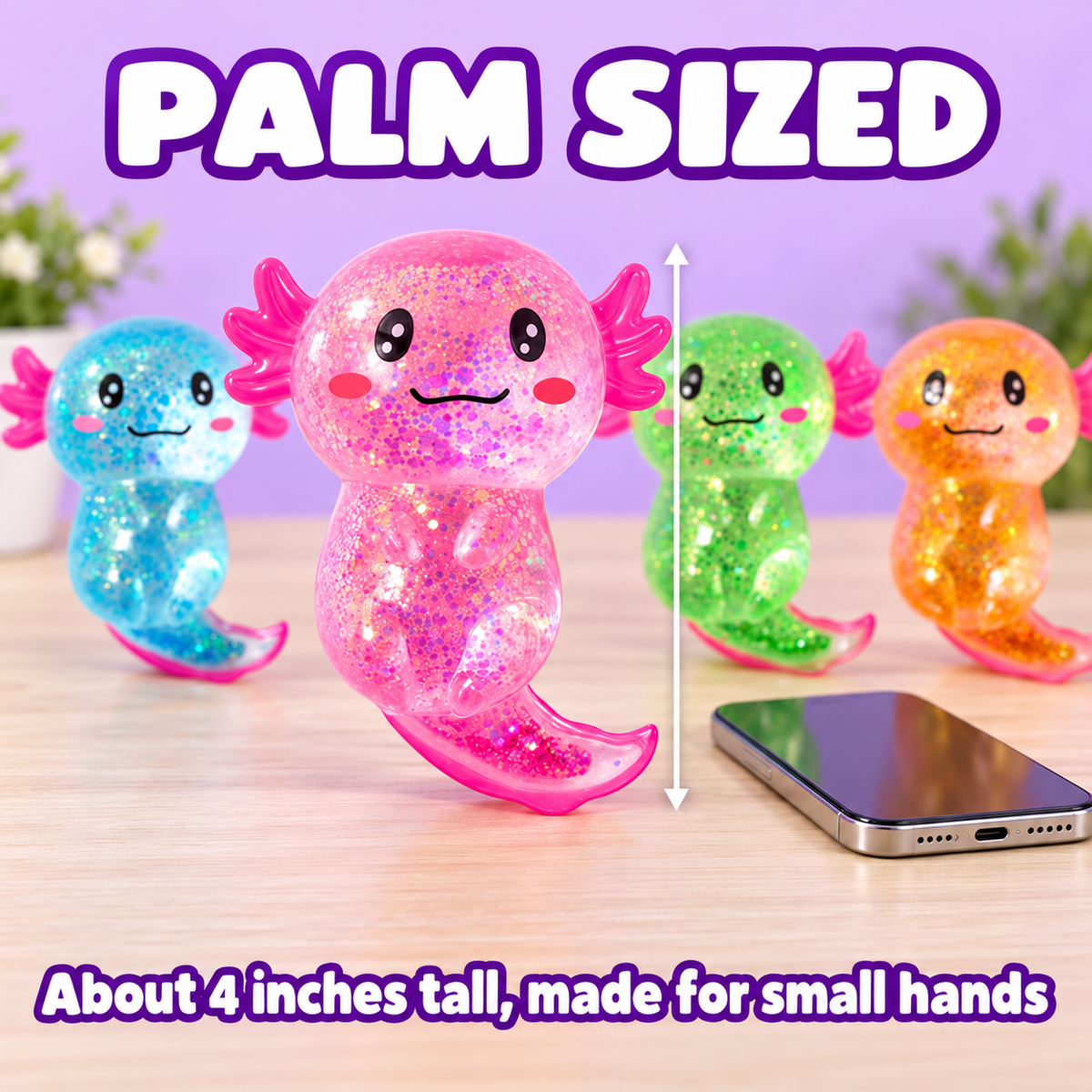 Axolotl Squishy 4er-Pack, langsam aufgehende Glitzer-Stressspielzeuge