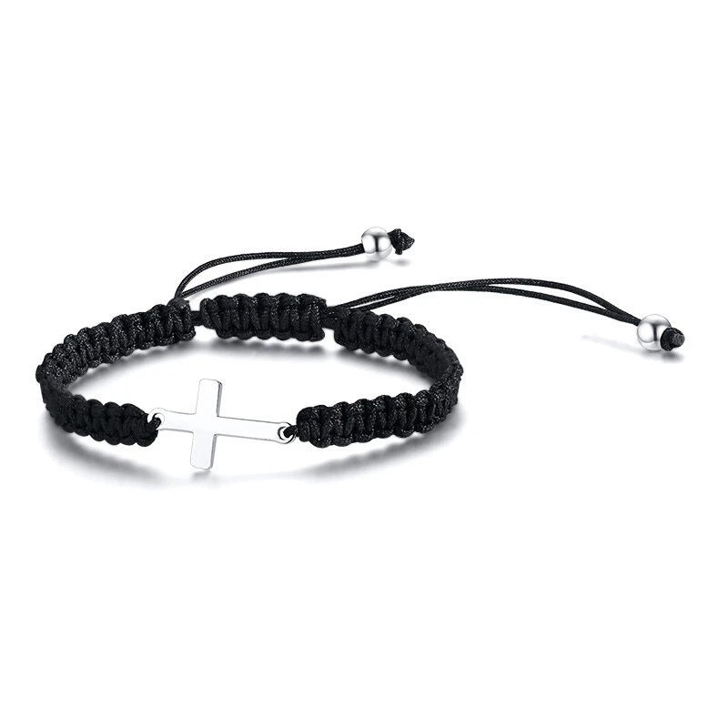 Kreuz-Anhänger geflochtenes Armband - verstellbares schwarzes Kordel mit silberfarbenem seitlichem Kreuz