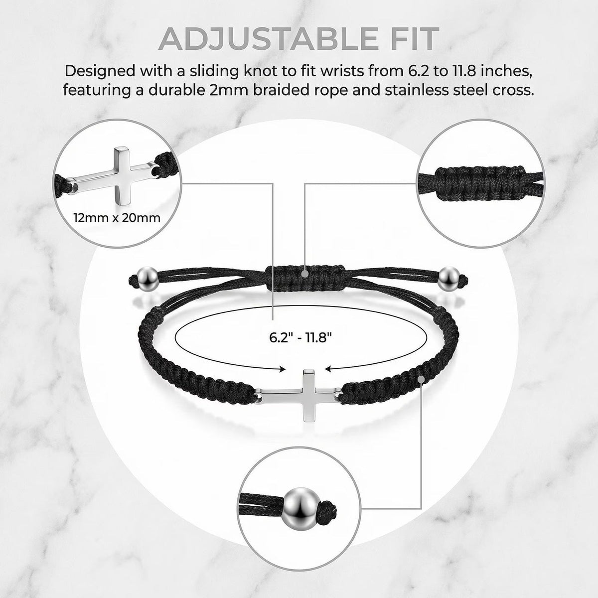 Kreuz-Anhänger geflochtenes Armband - verstellbares schwarzes Kordel mit silberfarbenem seitlichem Kreuz