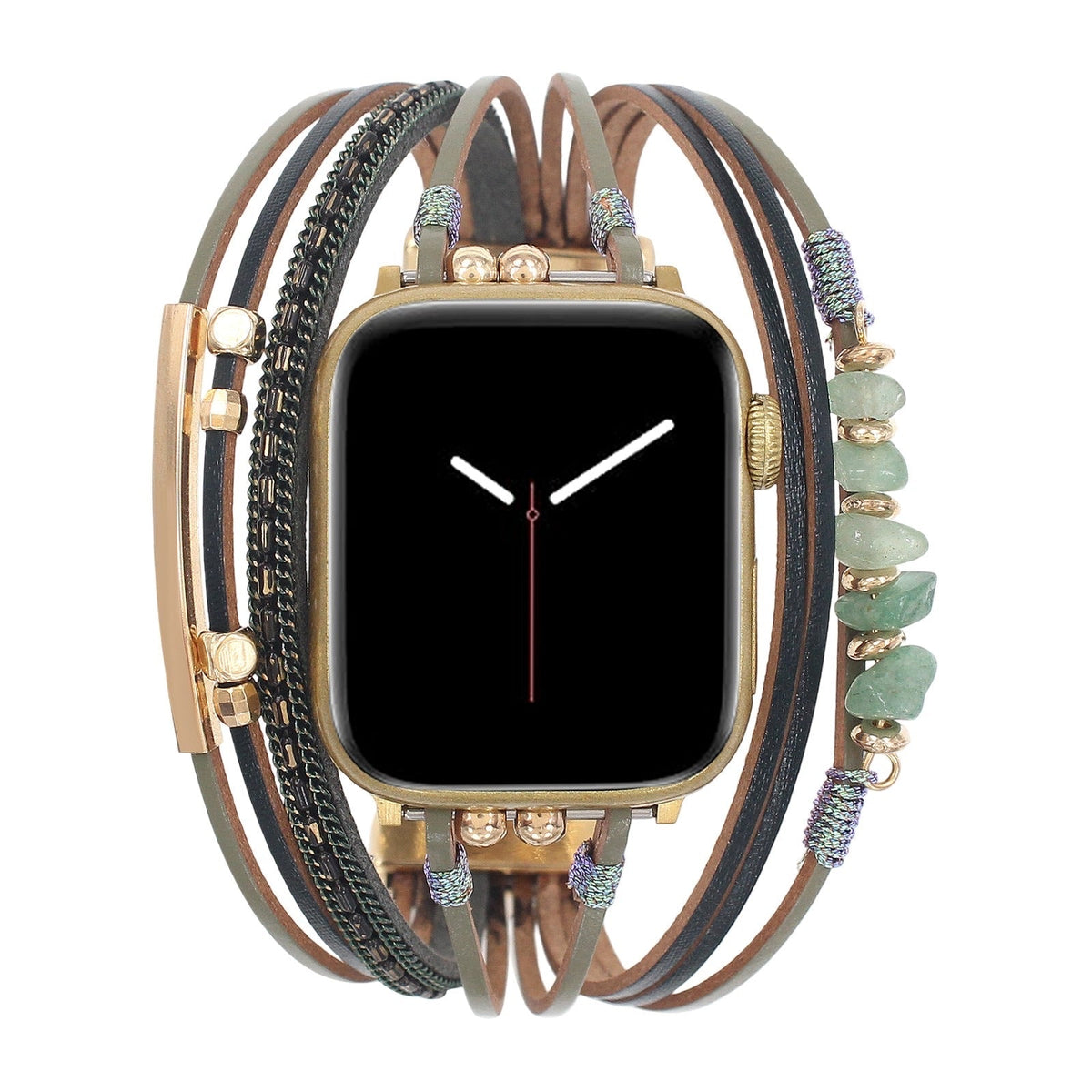 Damen-Uhrenarmband mit mehreren Kordeln, goldenen Details und grünen Steinen, elegantes Handgelenk-Accessoire