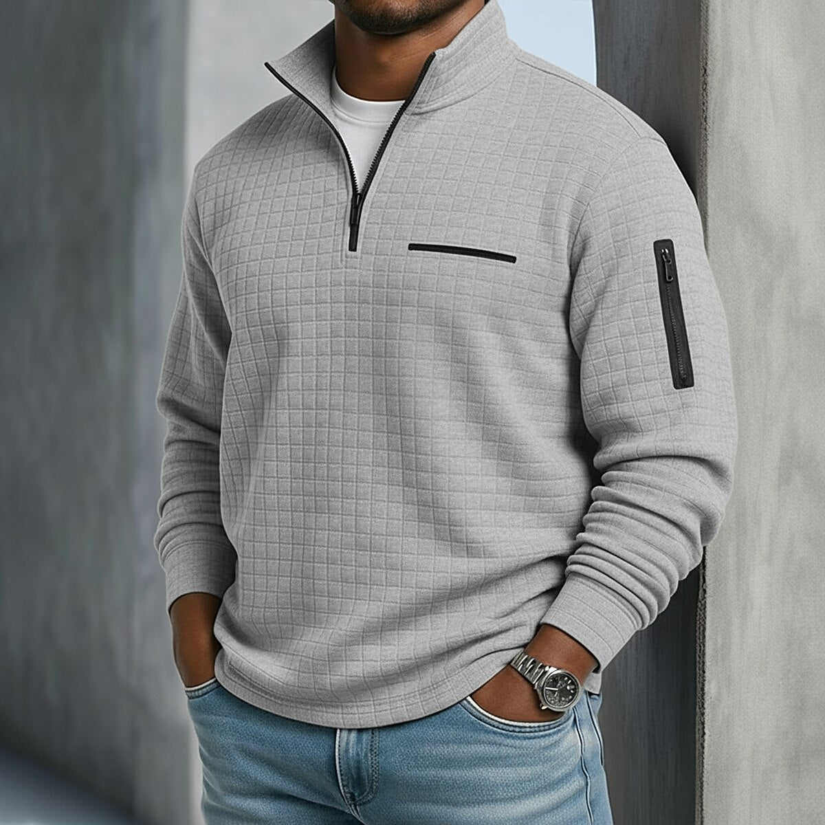 Klassisches Waffle-Poloshirt mit Viertel-Reißverschluss