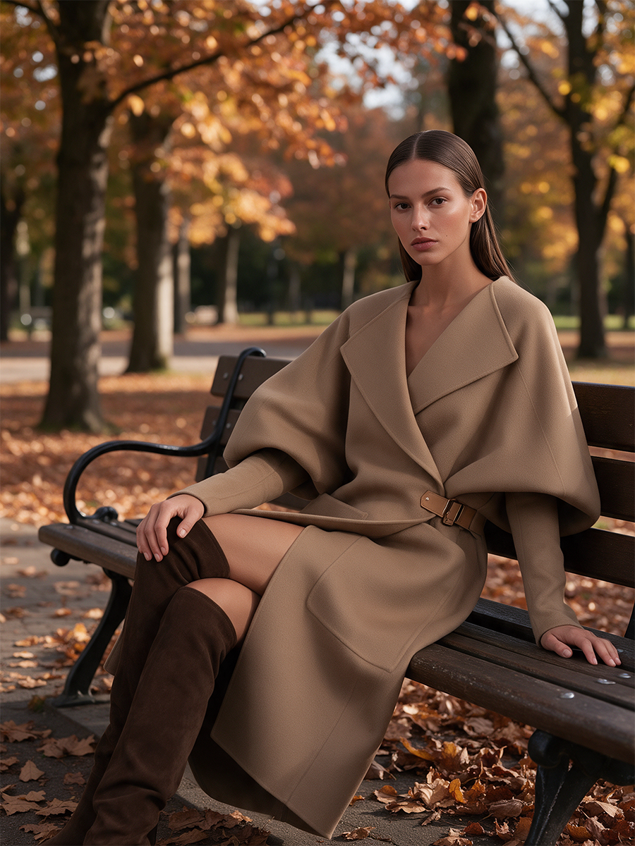 Damen Oversized-Revers Cocoon Puffärmel Lederschnalle Gürtel Aufgesetzte Taschen Longline Wollmantel