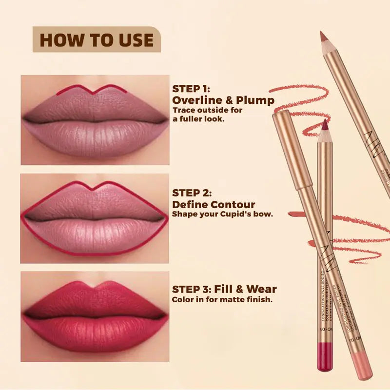 12-teiliges mattes Lipliner-Set mit Anspitzer, blendbare Lippenkonturenstifte