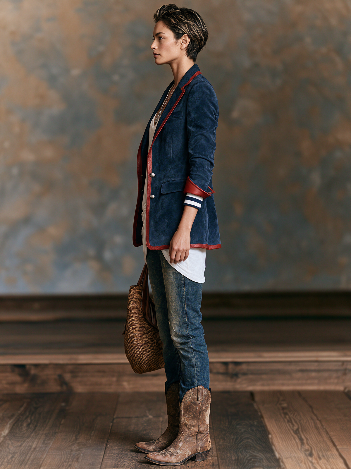 Damen Vintage-Stil Kunstwildleder Blazer mit rotem Lederbesatz