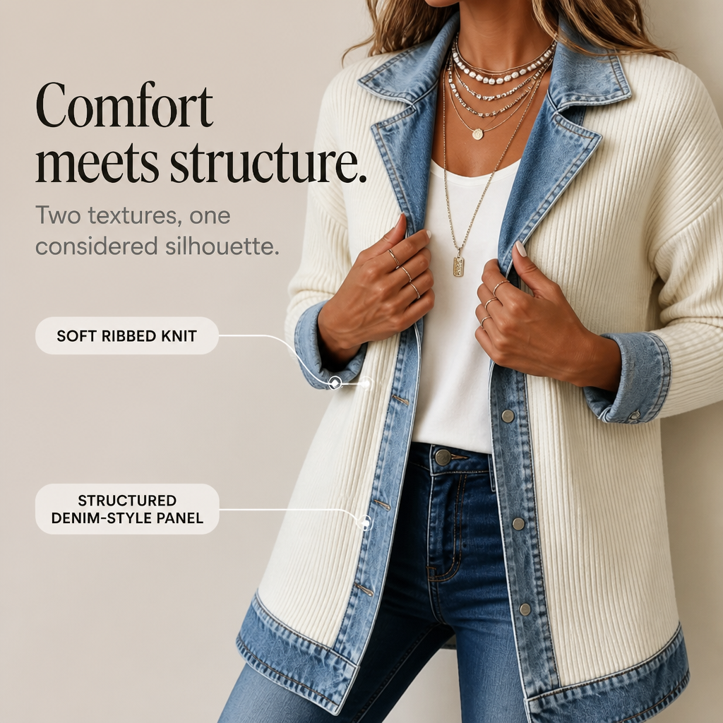 Gerippter Strickmantel mit Denim-Einsätzen