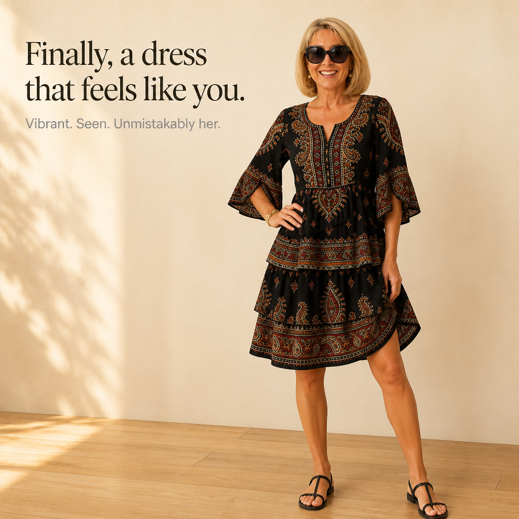 Gestufte Midi-Kleid mit Paisley-Druck und geschlitzten Ärmeln