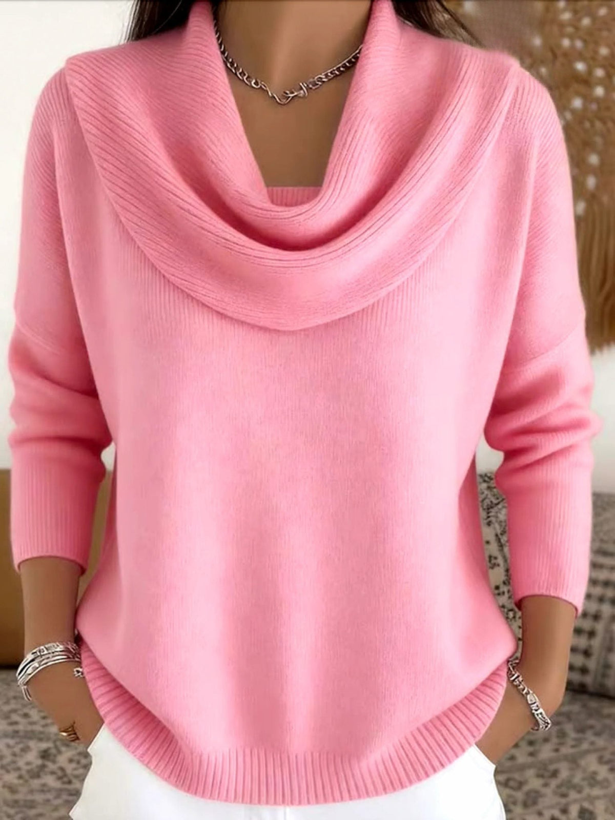 Merinowollen Pullover mit Wasserfallkragen und langen Ärmeln für Damen