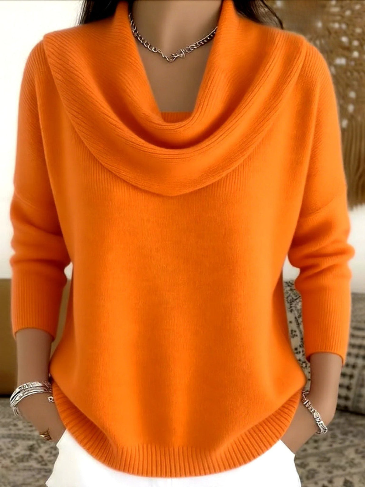 Merinowollen Pullover mit Wasserfallkragen und langen Ärmeln für Damen