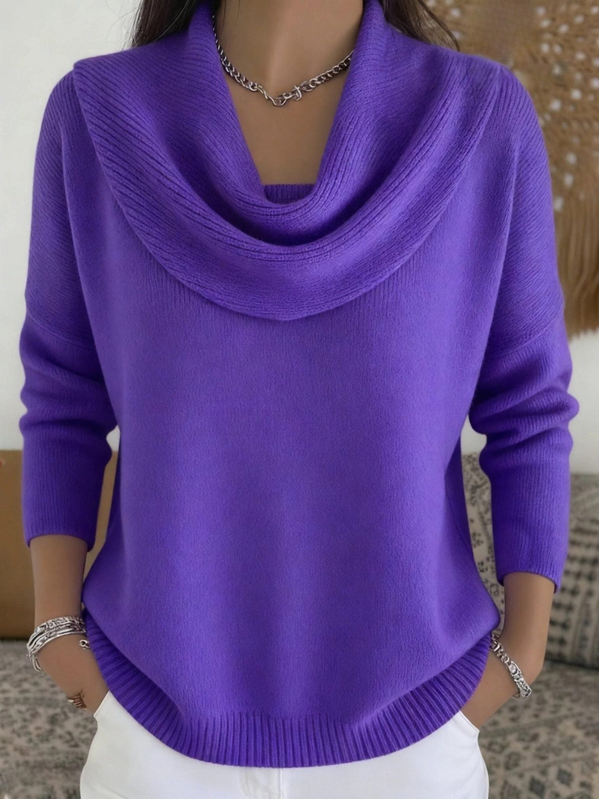 Merinowollen Pullover mit Wasserfallkragen und langen Ärmeln für Damen