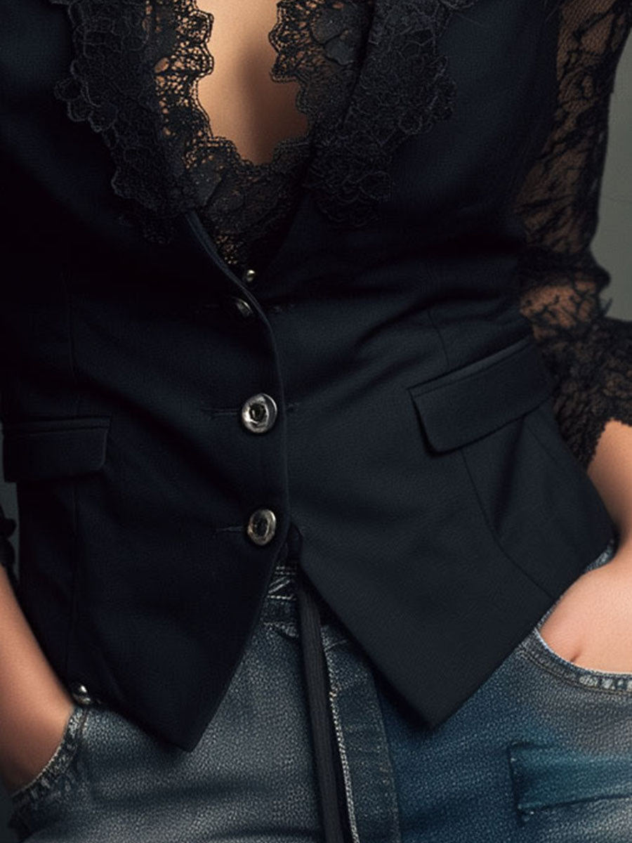 Hoher Schwarzer Blazer mit Halbtransparenten Ärmeln