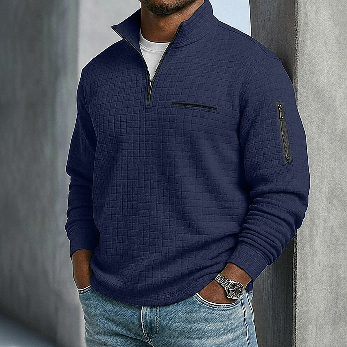 Klassisches Waffle-Poloshirt mit Viertel-Reißverschluss